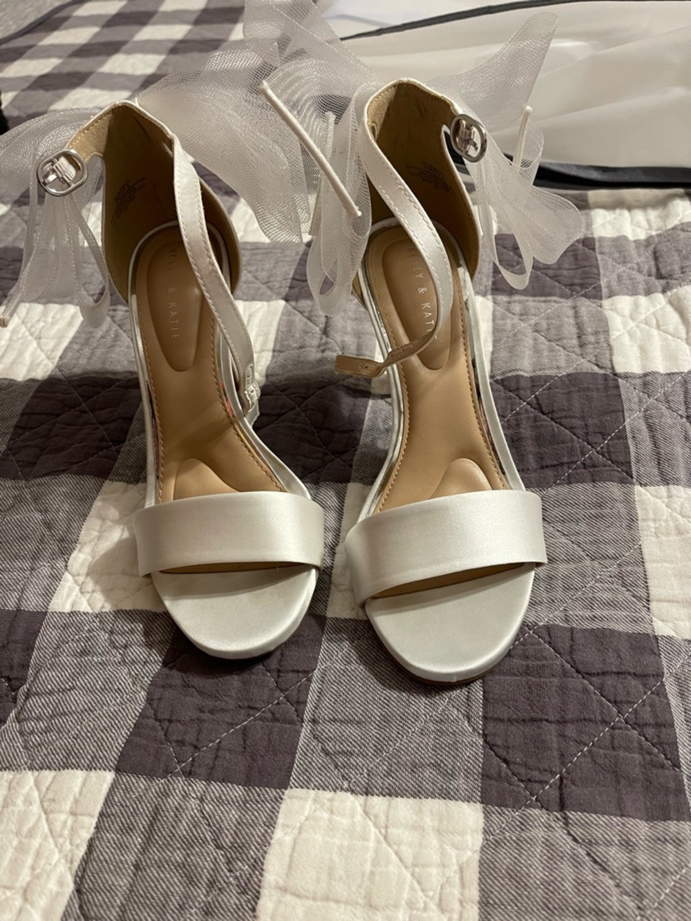 Kelly & Katie Ivory Satin Ankle-Strap Heels with Tulle Bows